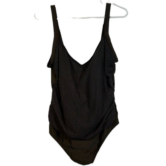 Plus Size Mossimo Brown Shiny Sheer Ruched V-Neck Swimsuit Size 24W EUC #1258 - Picture 1 of 7